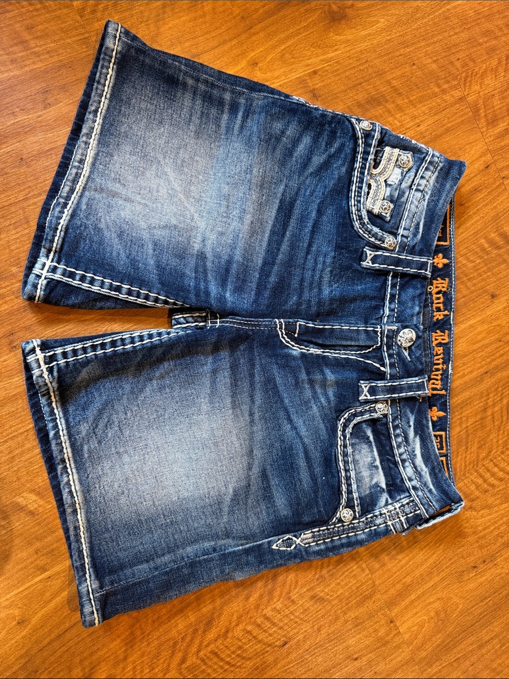 Rock Revival Faded Blue Denim Shorts with Contrast Stitching